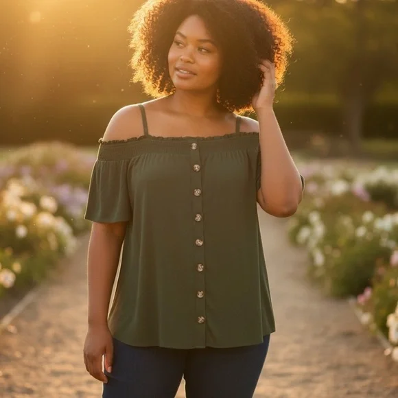 Torrid Smocked Cold-Shoulder Olive Green Rayon Blouse Size 1X - Picture 1 of 7